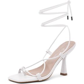 Shoe Land SL-Nadine Womens Lace up Heels Square Open Toe Strappy Heels Tie up Stiletto Heeled Sandals Ankle Wrap High Heels Black Gold White Heels for Prom Party