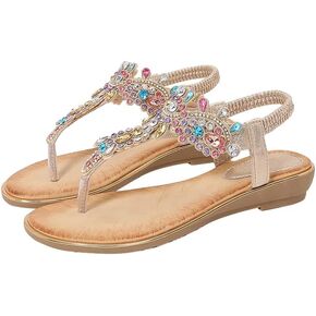 Duo Mei Zu Women Comfort Wedge Strappy Sandals with Slope Comfort Wedge，Shoes Flower Pattern Rhinestone Slope Heel Rubber Outsole Sandals
