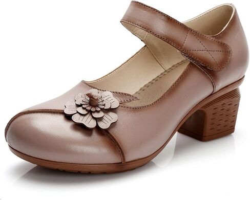 Women's Round Toe Mary Jane Chunky Heels Pumps Comfort Flower Hook and Loop Low Heel Dress Shoes in Saudi Arabia