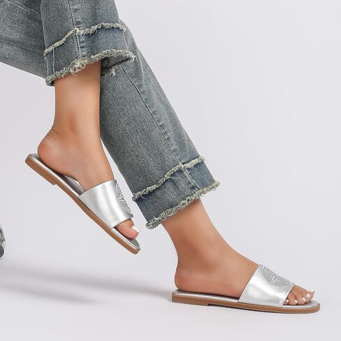Womens Dressy Flat Sandals Memory Foam Comfy Cute Leather Slide for Summer in Saudi Arabia