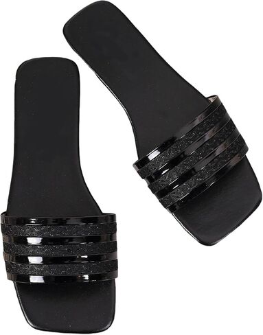 GORGLITTER Women's Dressy Summer Flat Sandals Rhinestone Square Open Toe Beach Slides in Saudi Arabia