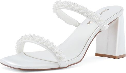 Shoe'N Tale Pearl Strappy Heels for Women Two Band Chunky Block Heeled Sandals Square Open Toe Backless Mules Slip On Pump Dress Shoes(8,White Satin) in Saudi Arabia