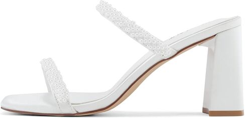 Shoe'N Tale Pearl Strappy Heels for Women Two Band Chunky Block Heeled Sandals Square Open Toe Backless Mules Slip On Pump Dress Shoes(8,White Satin) in Saudi Arabia