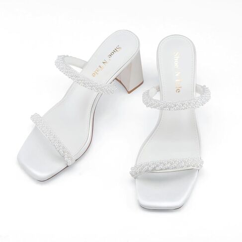 Shoe'N Tale Pearl Strappy Heels for Women Two Band Chunky Block Heeled Sandals Square Open Toe Backless Mules Slip On Pump Dress Shoes(8,White Satin) in Saudi Arabia