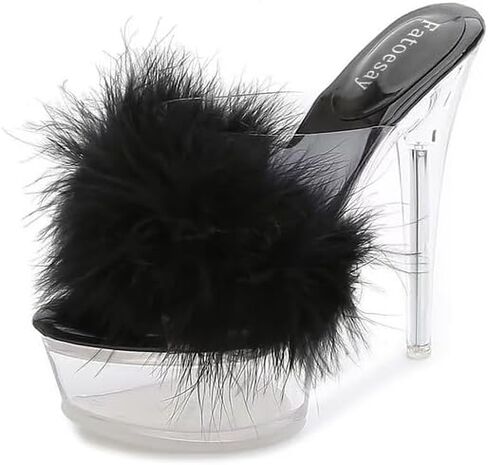 Fantoesay Women's Clear Stiletto Heels Sandals Platform Open Toe Slip On Mules Fluff Sandals in Saudi Arabia