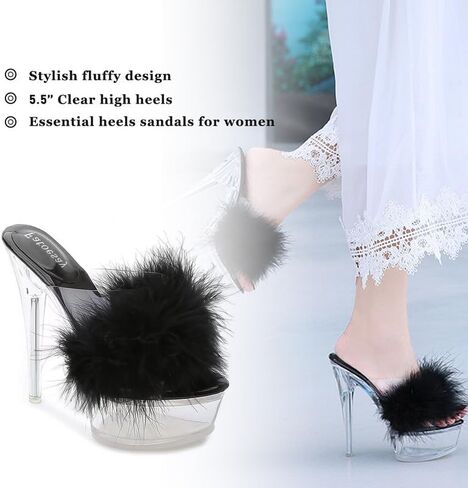Fantoesay Women's Clear Stiletto Heels Sandals Platform Open Toe Slip On Mules Fluff Sandals in Saudi Arabia