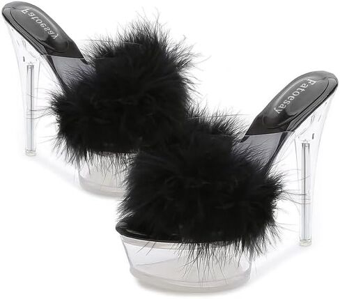 Fantoesay Women's Clear Stiletto Heels Sandals Platform Open Toe Slip On Mules Fluff Sandals in Saudi Arabia