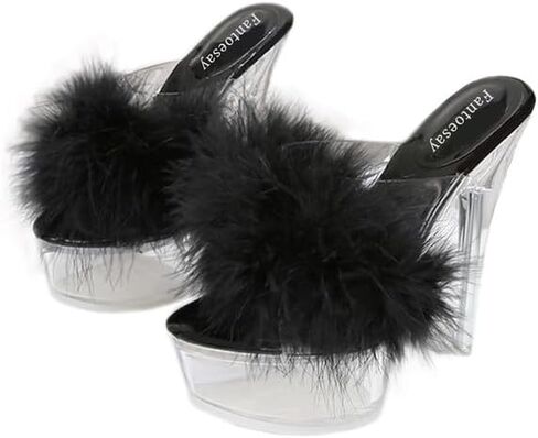 Fantoesay Women's Clear Stiletto Heels Sandals Platform Open Toe Slip On Mules Fluff Sandals in Saudi Arabia