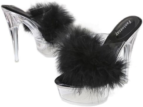 Fantoesay Women's Clear Stiletto Heels Sandals Platform Open Toe Slip On Mules Fluff Sandals in Saudi Arabia