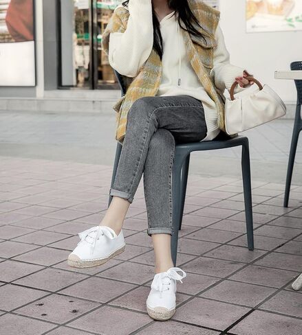 U-lite Women's Canvas White Shoes Platform Espadrille Classic Fashion Comfort Casual Lace Up Low Cut Sneakers in Saudi Arabia
