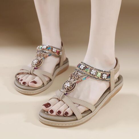 Women Bohemia Beaded Open Toe Flat Sandals Summer Comfortable Beach Sandal Shoes in Saudi Arabia