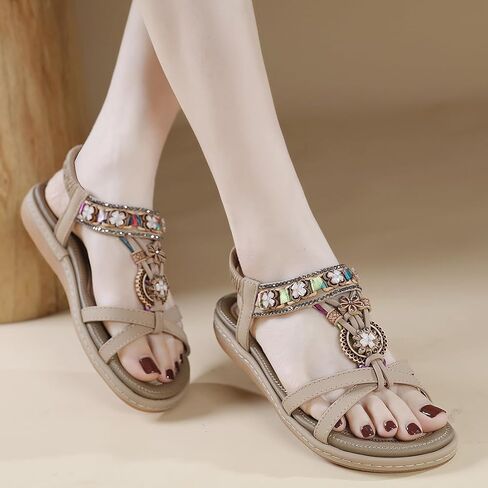 Women Bohemia Beaded Open Toe Flat Sandals Summer Comfortable Beach Sandal Shoes in Saudi Arabia