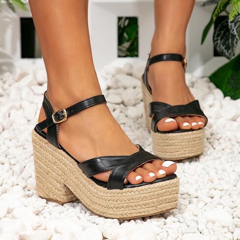 Getmorebeauty صنادل نسائية بكعب عريض سميكة القاع نسج الصنادل الكعب المفتوح تو الصيف الصنادل أحذية فستان الزفاف in Kuwait