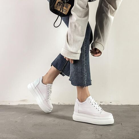Women's Platform Lace-Up Sneakers Hidden Wedge Heel Faux Leather Casual Sports Shoes in Saudi Arabia