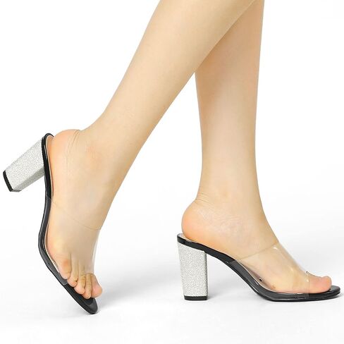 Allegra K Women's Clear Glitter Chunky Heels Slide Heel Sandals in Saudi Arabia