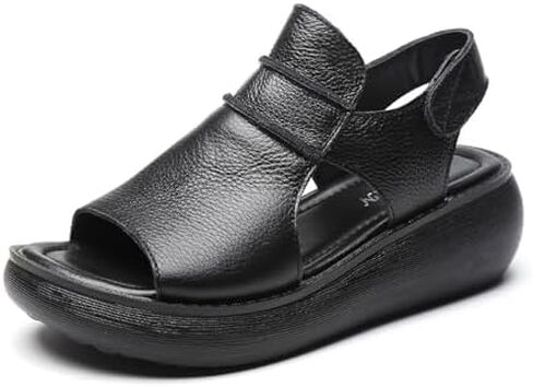 Women's Hook Loop Slingback Wedge Platform Sandals,Comfortable Soft Leather Roman Sandals Casual Peep Toe Slip on Walking Heeled Sandals in Saudi Arabia