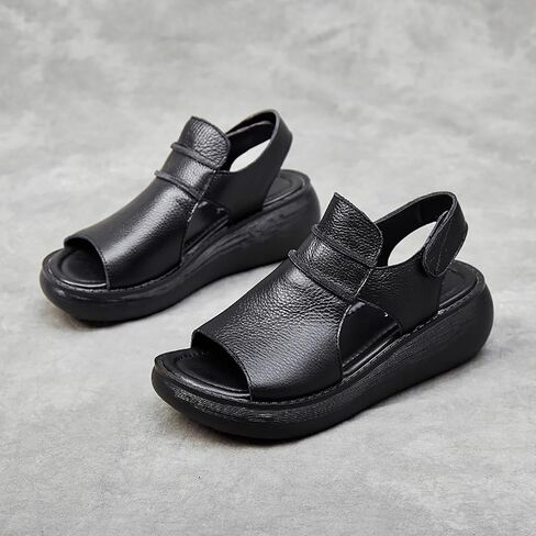 Women's Hook Loop Slingback Wedge Platform Sandals,Comfortable Soft Leather Roman Sandals Casual Peep Toe Slip on Walking Heeled Sandals in Saudi Arabia