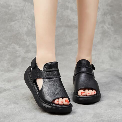 Women's Hook Loop Slingback Wedge Platform Sandals,Comfortable Soft Leather Roman Sandals Casual Peep Toe Slip on Walking Heeled Sandals in Saudi Arabia