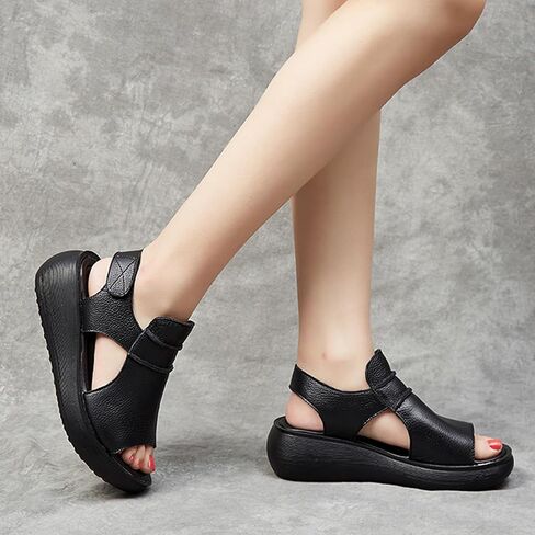 Women's Hook Loop Slingback Wedge Platform Sandals,Comfortable Soft Leather Roman Sandals Casual Peep Toe Slip on Walking Heeled Sandals in Saudi Arabia