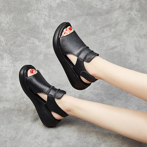 Women's Hook Loop Slingback Wedge Platform Sandals,Comfortable Soft Leather Roman Sandals Casual Peep Toe Slip on Walking Heeled Sandals in Saudi Arabia