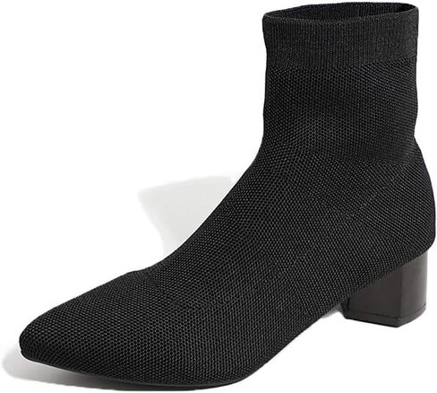chegong Women's Black Knit Chunky Heel Sock Boots Pointed Toe Mid-Calf Booties in Saudi Arabia
