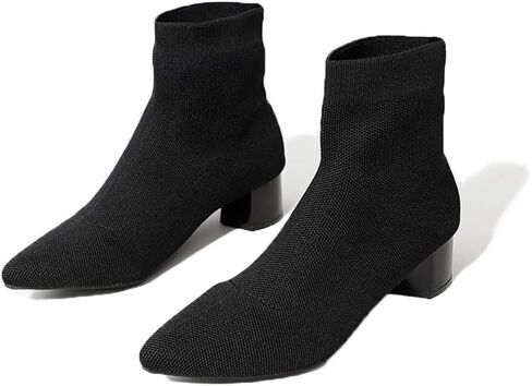 chegong Women's Black Knit Chunky Heel Sock Boots Pointed Toe Mid-Calf Booties in Saudi Arabia