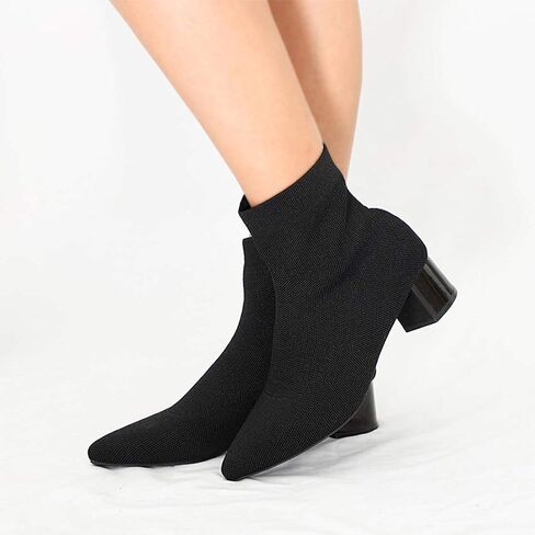 chegong Women's Black Knit Chunky Heel Sock Boots Pointed Toe Mid-Calf Booties in Saudi Arabia