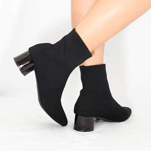 chegong Women's Black Knit Chunky Heel Sock Boots Pointed Toe Mid-Calf Booties in Saudi Arabia