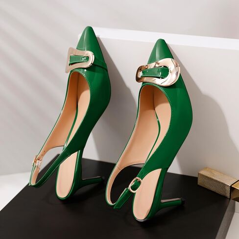 AUMOTED Womens Slingback Heels Pointed Toe Stiletto Mid Heel Pumps Patent Leather Sexy Adjustable Strap Buckle Sandals Dress Shoes 2.5 Inch in Saudi Arabia