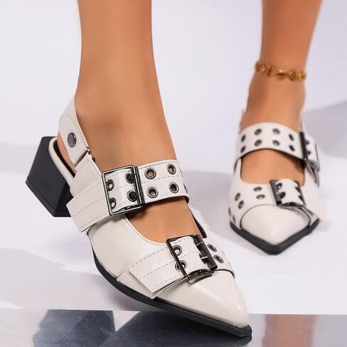 Women Low Heel Buckle Pumps Pointed Toe Chunky Heel Pumps Slingback Pumps with Straps Punk Style Fashionable Office & Casual Wear in Saudi Arabia