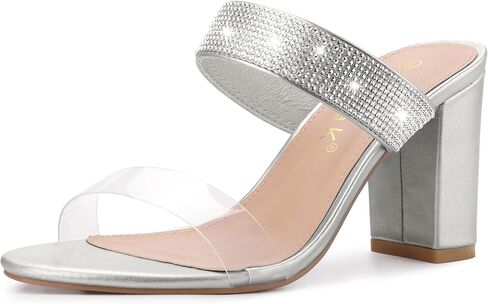 Allegra K Women's Rhinestones Heel Dual Clear Strap Chunky Heels Slide Sandals in Saudi Arabia