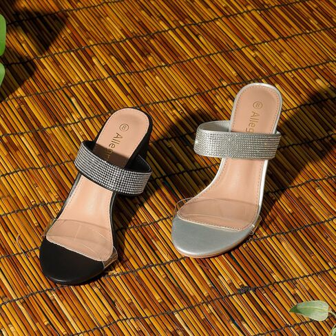 Allegra K Women's Rhinestones Heel Dual Clear Strap Chunky Heels Slide Sandals in Saudi Arabia