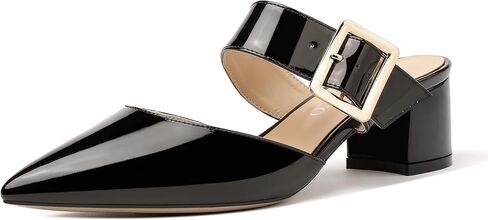 MODENCOCO Women's Adjustable Strap Buckle Patent Solid Pointed Toe Chunky Low Heel Mules Evening Dress Pumps Shoes 2 Inch in Saudi Arabia