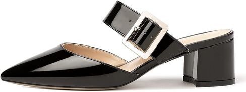 MODENCOCO Women's Adjustable Strap Buckle Patent Solid Pointed Toe Chunky Low Heel Mules Evening Dress Pumps Shoes 2 Inch in Saudi Arabia