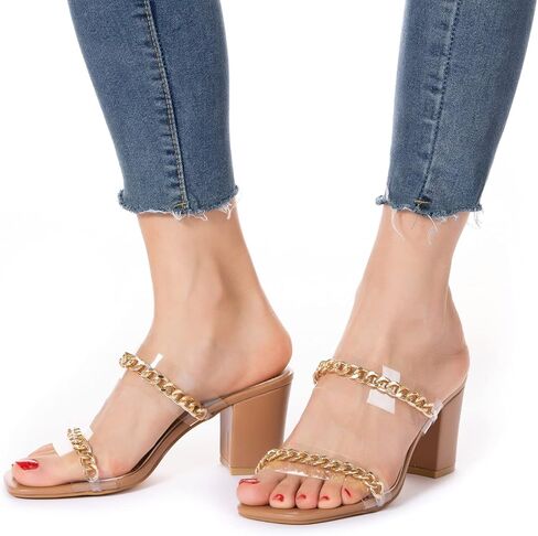 صنادل نسائية بكعب N.N.G، صنادل مريحة من الجلد بحزامين شفافين ومكتنزين بمقدمة مربعة in Kuwait