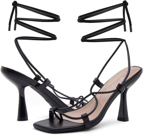 Shoe Land SL-Nadine Womens Lace up Heels Square Open Toe Strappy Heels Tie up Stiletto Heeled Sandals Ankle Wrap High Heels Black Gold White Heels for Prom Party in Saudi Arabia
