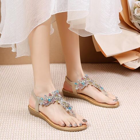 Duo Mei Zu Women Comfort Wedge Strappy Sandals with Slope Comfort Wedge，Shoes Flower Pattern Rhinestone Slope Heel Rubber Outsole Sandals in Saudi Arabia