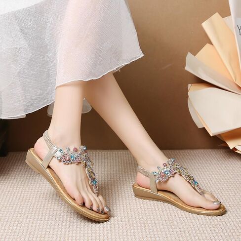 Duo Mei Zu Women Comfort Wedge Strappy Sandals with Slope Comfort Wedge，Shoes Flower Pattern Rhinestone Slope Heel Rubber Outsole Sandals in Saudi Arabia
