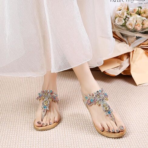 Duo Mei Zu Women Comfort Wedge Strappy Sandals with Slope Comfort Wedge，Shoes Flower Pattern Rhinestone Slope Heel Rubber Outsole Sandals in Saudi Arabia