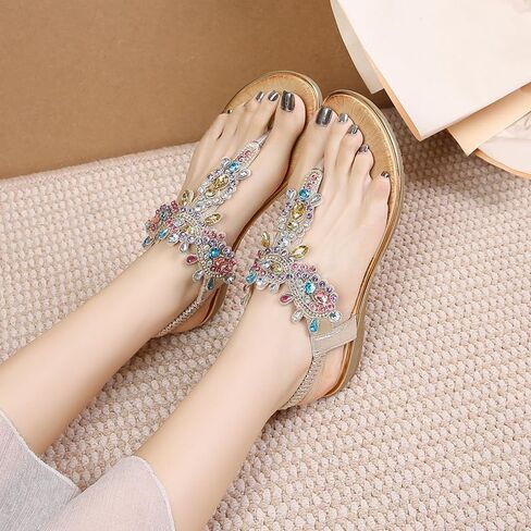 Duo Mei Zu Women Comfort Wedge Strappy Sandals with Slope Comfort Wedge，Shoes Flower Pattern Rhinestone Slope Heel Rubber Outsole Sandals in Saudi Arabia