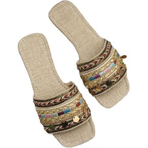 GORGLITTER Women's Embroidered Slip On Flat Sandals Square Open Toe Slide Sandals in Saudi Arabia