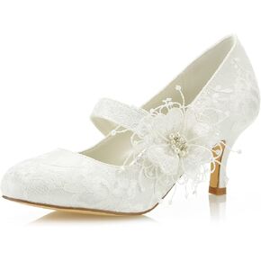 JIAJIA 586449B Women's Bridal Shoes Closed Toe 2.5" Stiletto Heel Lace Satin Pumps Satin Flower Imitation Wedding Shoes