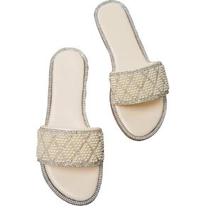 Verdusa Women's Rhinestone Pearls Open Toe Flat Sandals Slip One Slides Outdoor Sandals