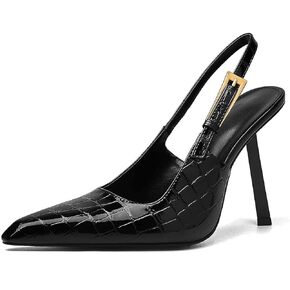 Slingback Pointed Closed Toe Stiletto Heels Sandal for Women,Women's Basic Classic Patent Leather Metal Buckle Pumps Backless Ankle Slip-on Buckle Strap Mid High Heels Banquet Dress Shoes
