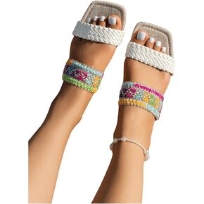 Verdusa Women's Square Toe Braided Flat Sandals Slip On Slides Outdoor Summer Sandals