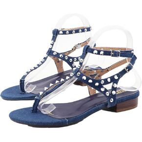Women's Studded Denim With Ankle Strap Flip Flop Sandals Summer Comfortable Clip Toe Flats for Summer Beach Oceanside Holiday Outdoor