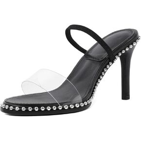 Eldof Women's Heeled Sandals Open Toe Beaded Strappy Clear Slip On Black Stiletto Mules Heels 3.5 Inches