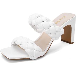 Greatonu Braided Sandals for Women Square Toe Block Heeled Sandals Two Strappy Mule Dress Shoes