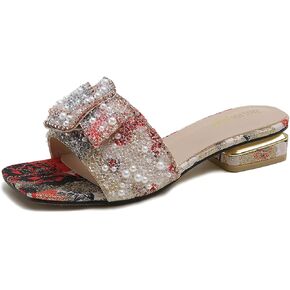 Women's Bow Rhinestone Low Chunky Heel Sandals Slides Sparkling Pearl Open Toe Mules Block Heeled Slip-on Dressy Sandals Summer Casual Slippers Shoes