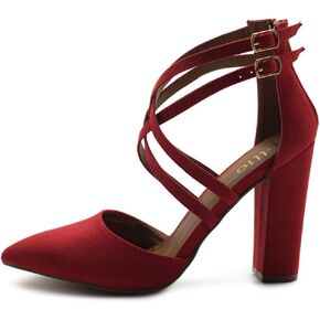 Ollio Women's Shoes Zip Up Pointed Toe Buckle Cross Ankle Straps Chunky Heel Pump H108